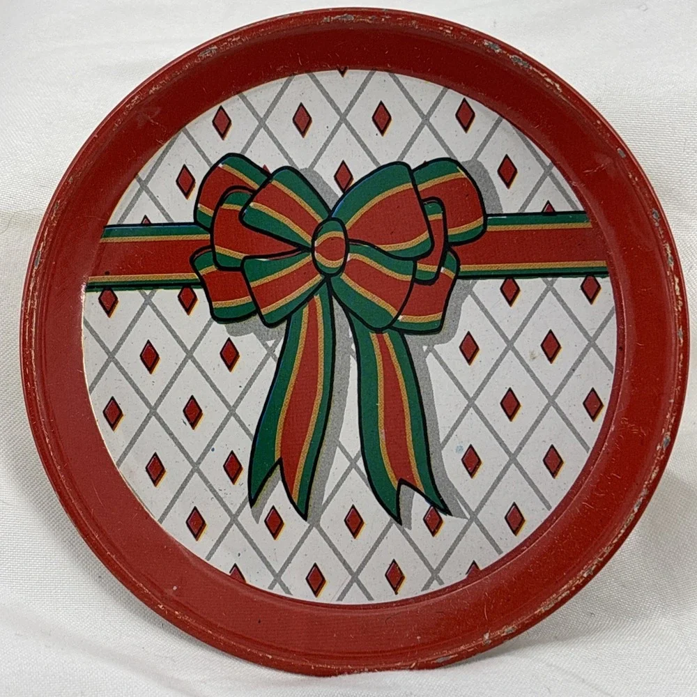 Vintage‎ Metal Christmas Drink Coasters Red Green Bow Retro 1960